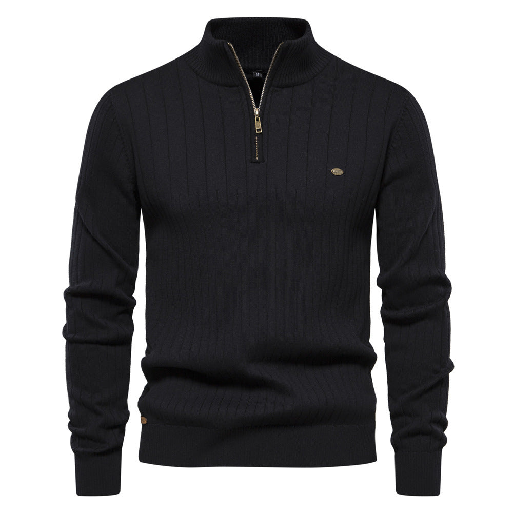 Modeinriktad Stickad Herrtröja med Ståkrage och Half Zip