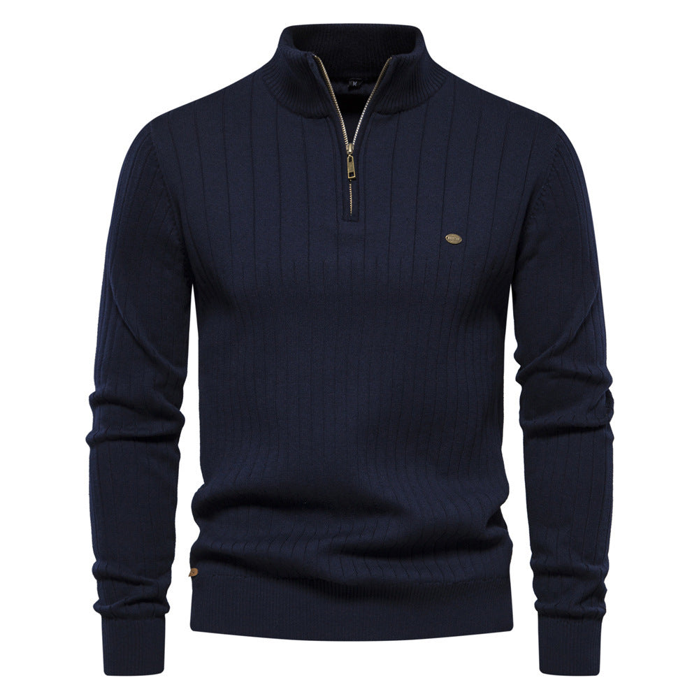 Modeinriktad Stickad Herrtröja med Ståkrage och Half Zip