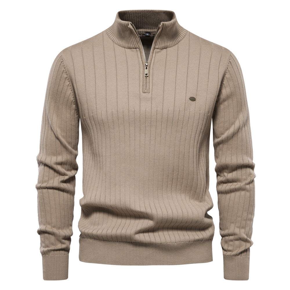 Modeinriktad Stickad Herrtröja med Ståkrage och Half Zip