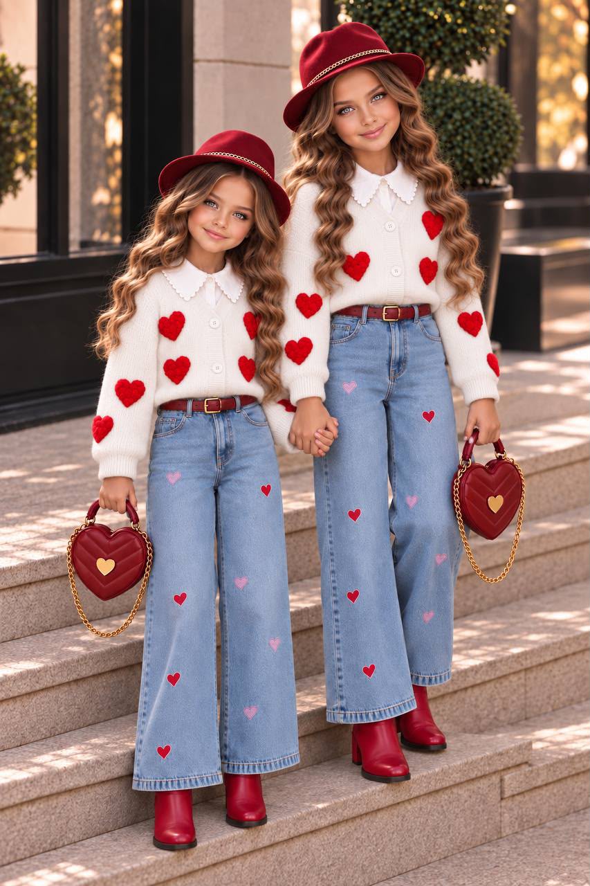 Lili Heart Club – vit kofta med röda hjärtan, skjorta, jeans, hatt, väska och bälte