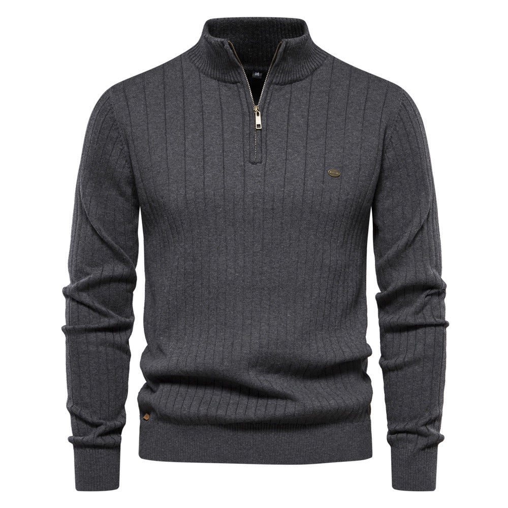 Modeinriktad Stickad Herrtröja med Ståkrage och Half Zip