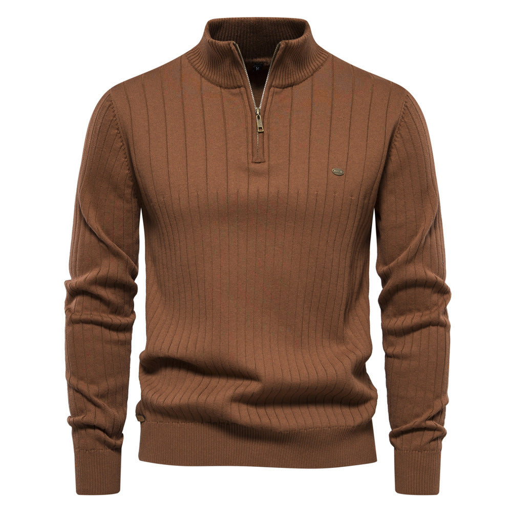Modeinriktad Stickad Herrtröja med Ståkrage och Half Zip